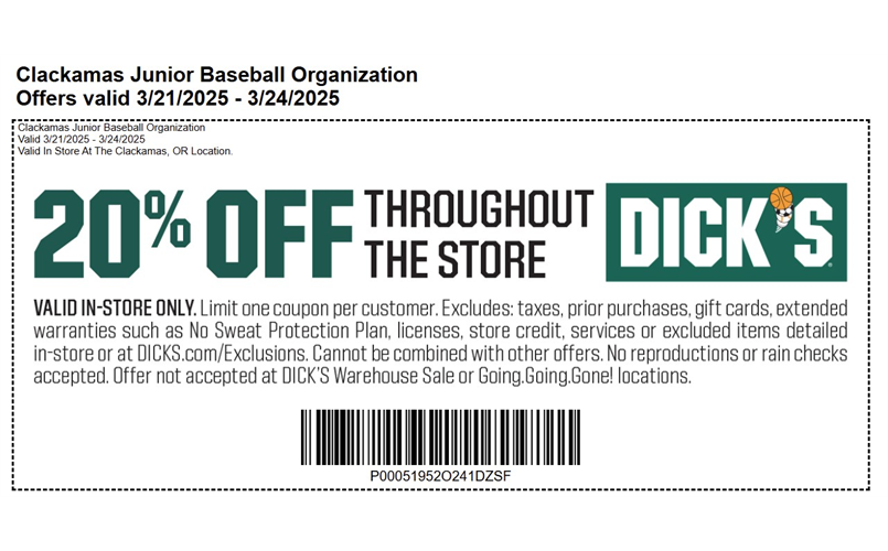 Clackamas JBO Dick's shopping coupon